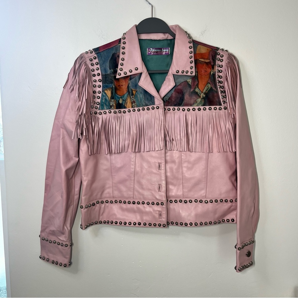 Vintage Doreman Burns Cowgirls Pink Leather Fringe Jacket Studded Western Art